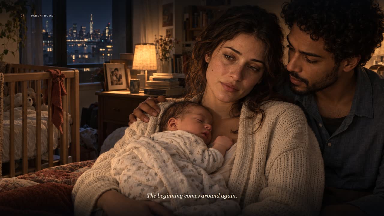 A couple hold their newborn in a warmly lit room at night.